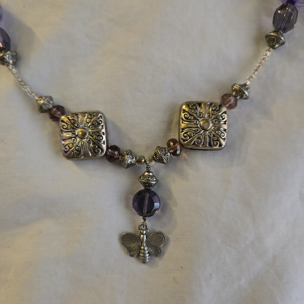 Handmade Butterfly Charm Beaded necklace silver & lavender beads purple ribbon - Picture 2 of 5